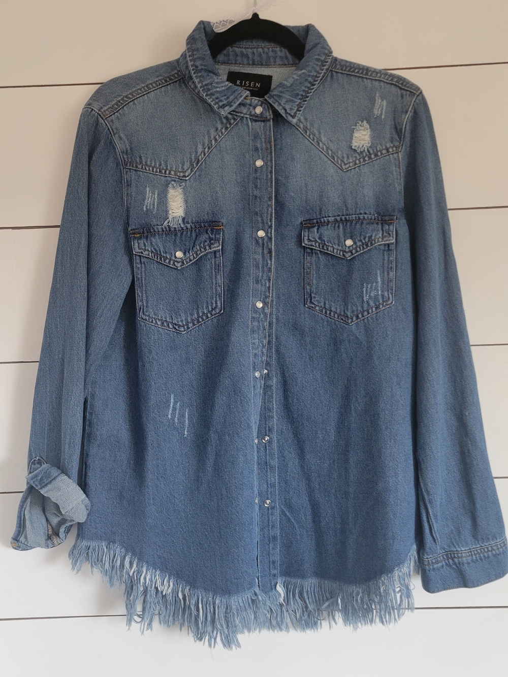 Risen Distressed Light Blue Denim Shirt Jacket - Women's Medium